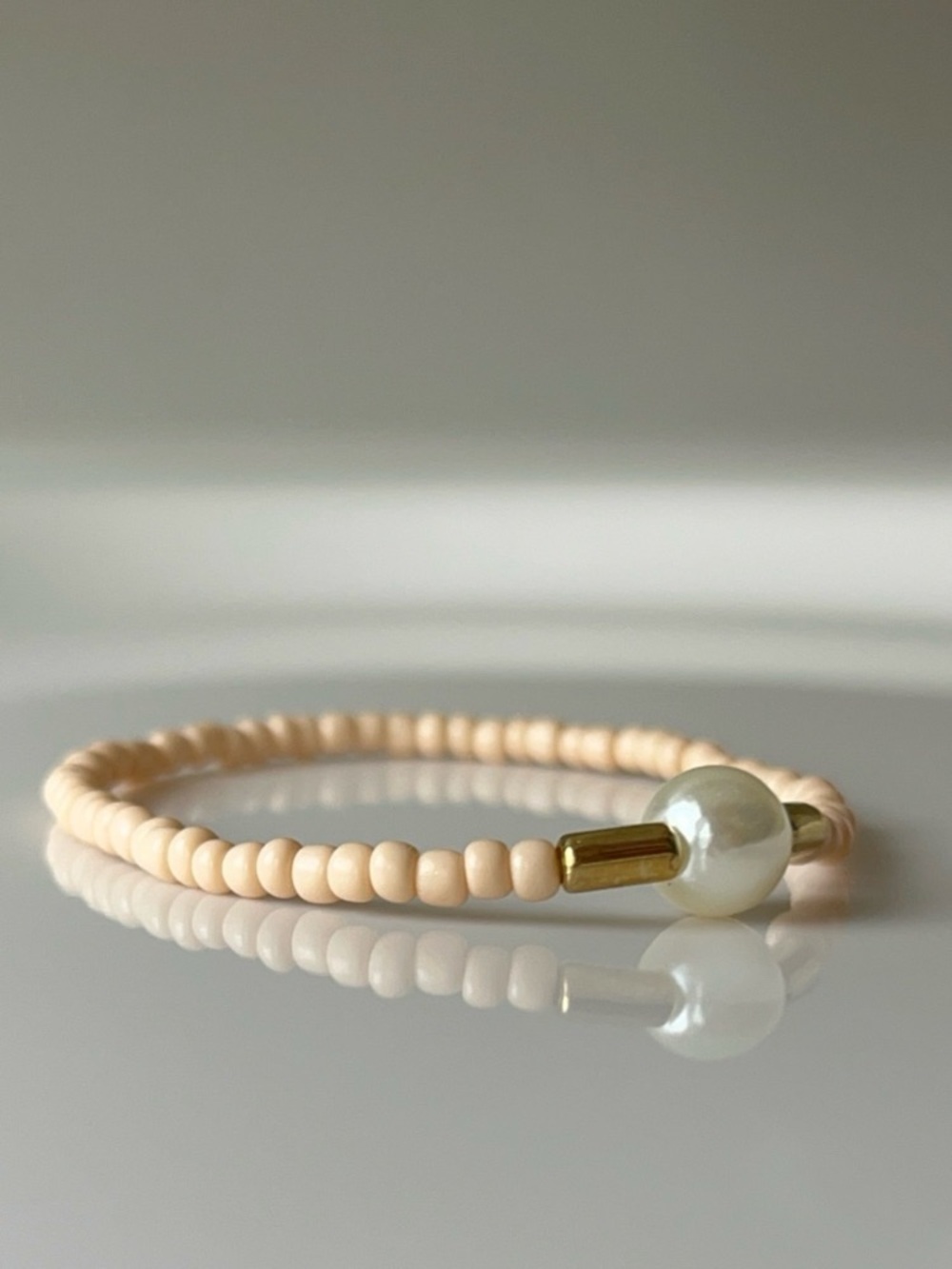 Pearl Accent Beige Beaded Stretch Bracelet